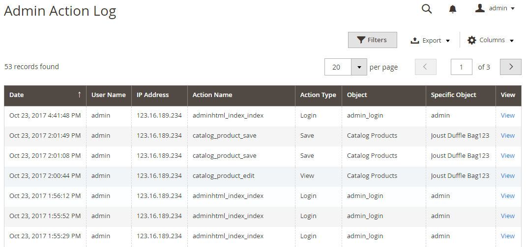 ACTION LOGS GRID