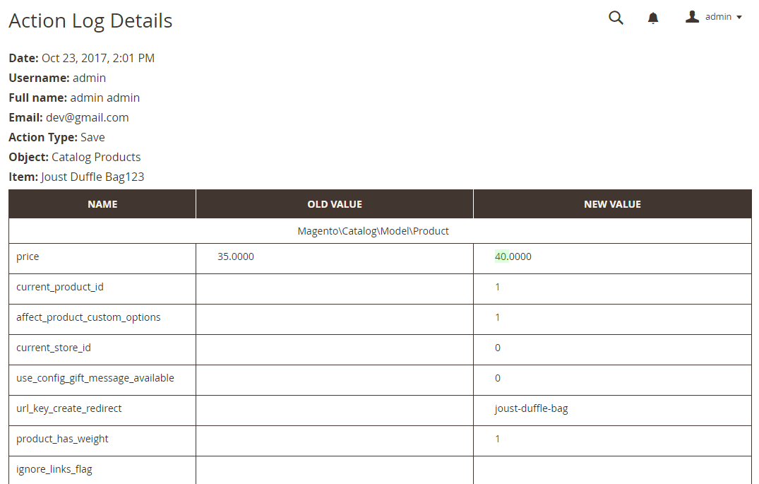 ACTION LOG DETAILS PAGE