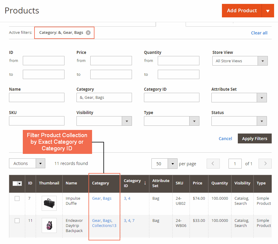 Filter Product collection by exact category or category ID