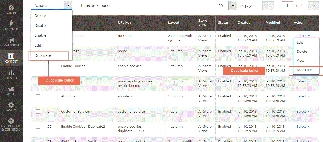 duplicate buttons in cms page grid view 