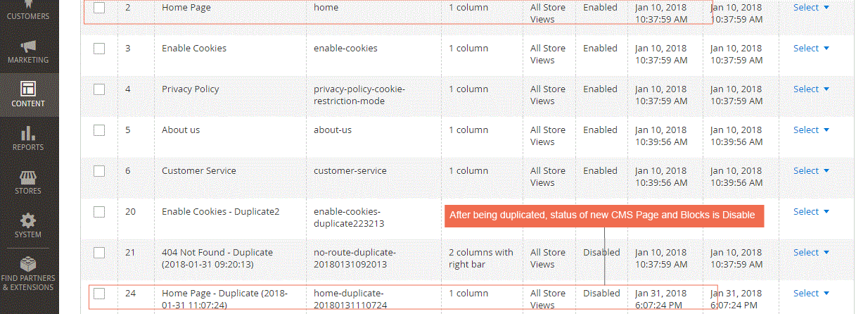 status of new duplicated cms page/block