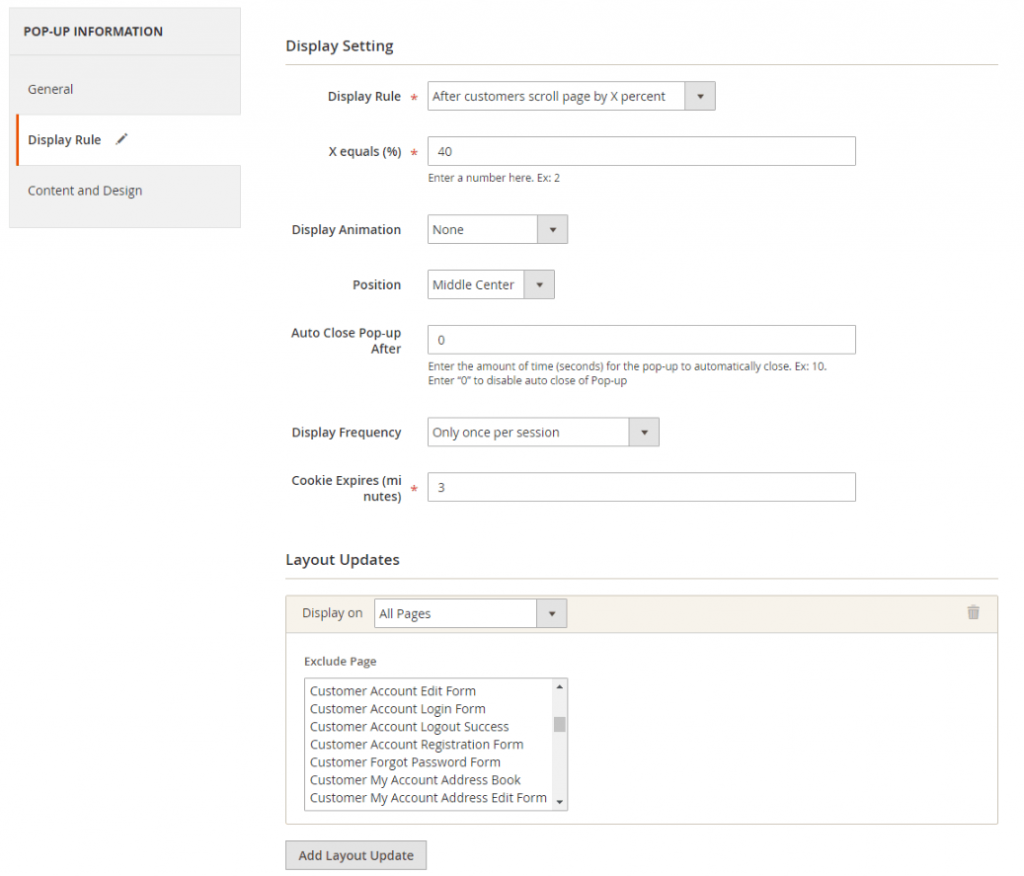 Display Rule of Magento 2 Popup