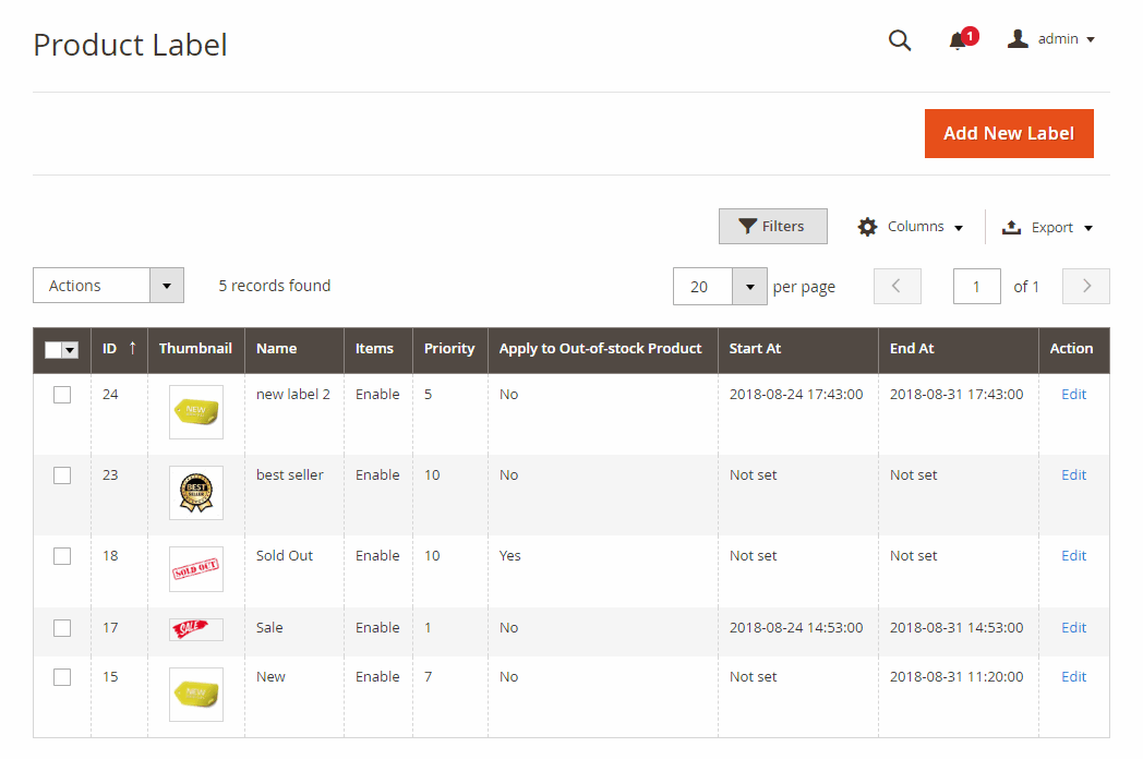 Magento 2 Product label grid to save and manage all created label