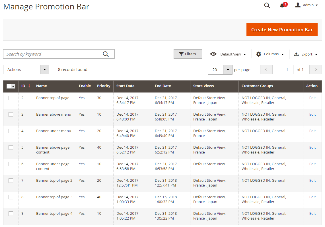 Magento 2 Promotion Bar grid