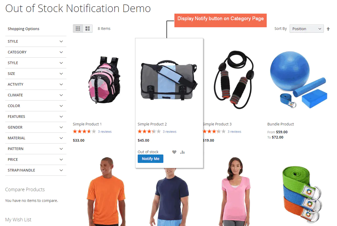 notify stock in store button on category page