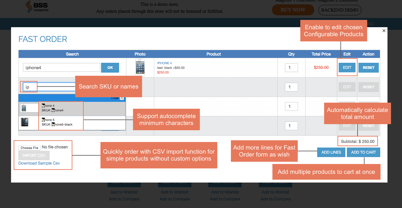 Allow customers to purchase products quickly via a popup or a CMS page