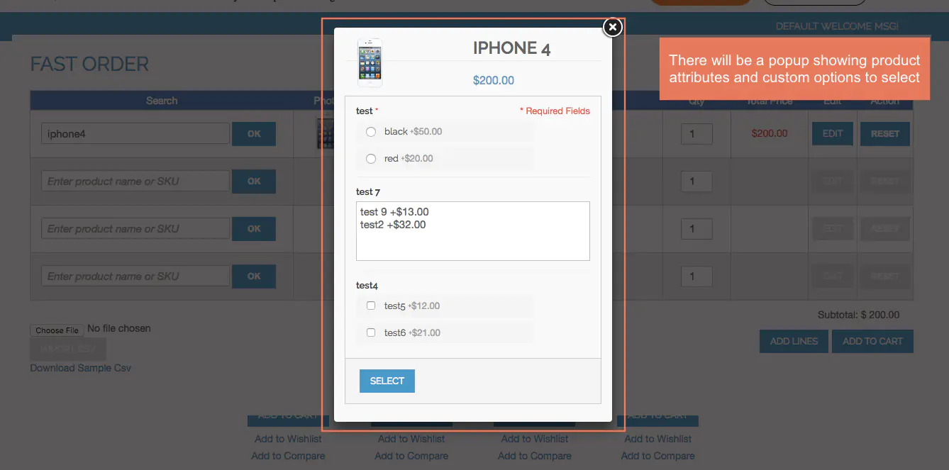 Show popup of product attributes and custom options for customers to select when choosing configurable products