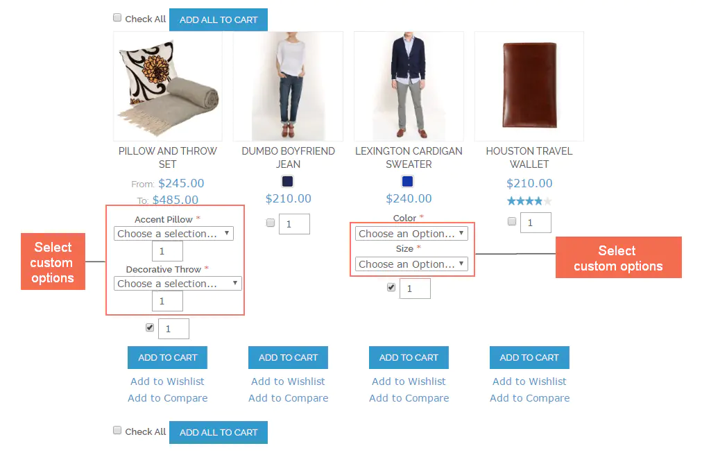 Custom options will be displayed after selecting product by checkbox