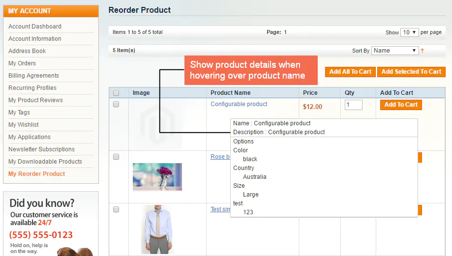 magento reorder extension-show product details