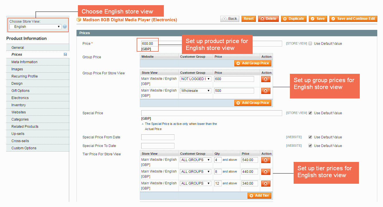magento multiple store view pricing - setup price in english store view