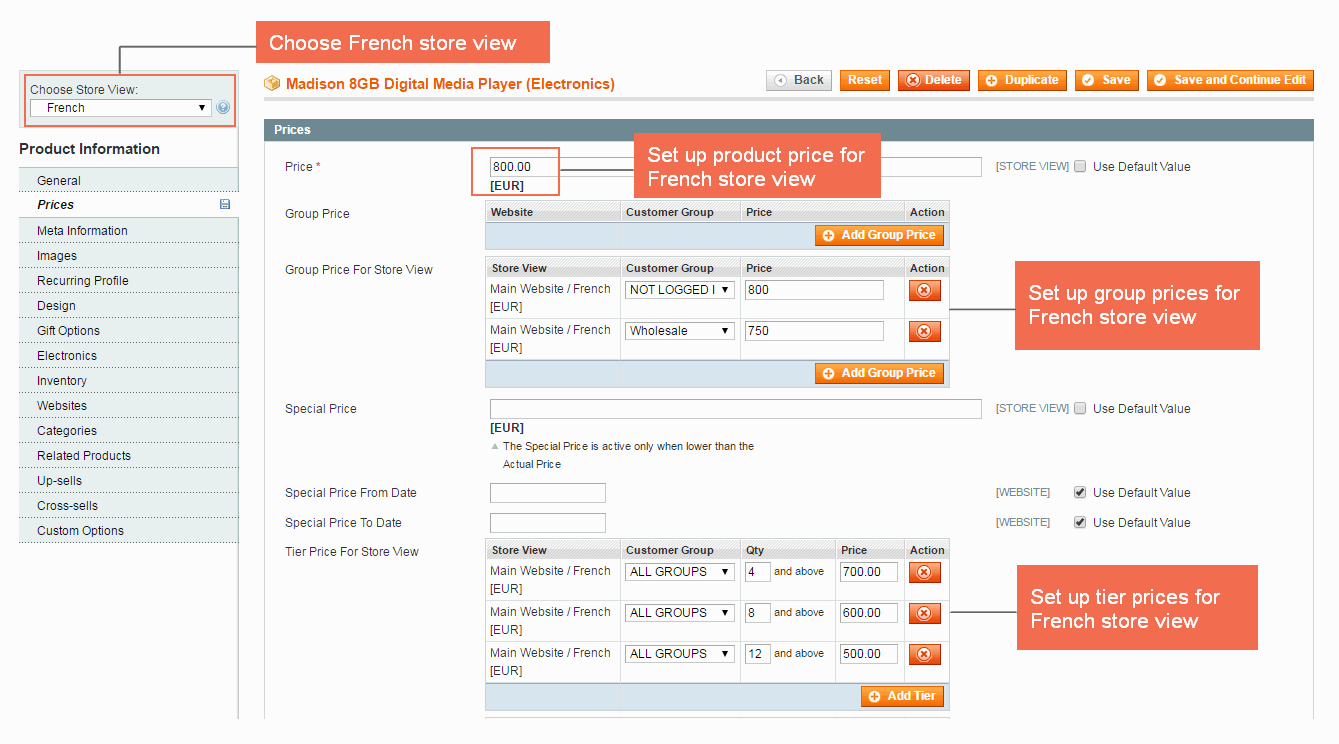 magento multiple store view pricing - setup price in french store view
