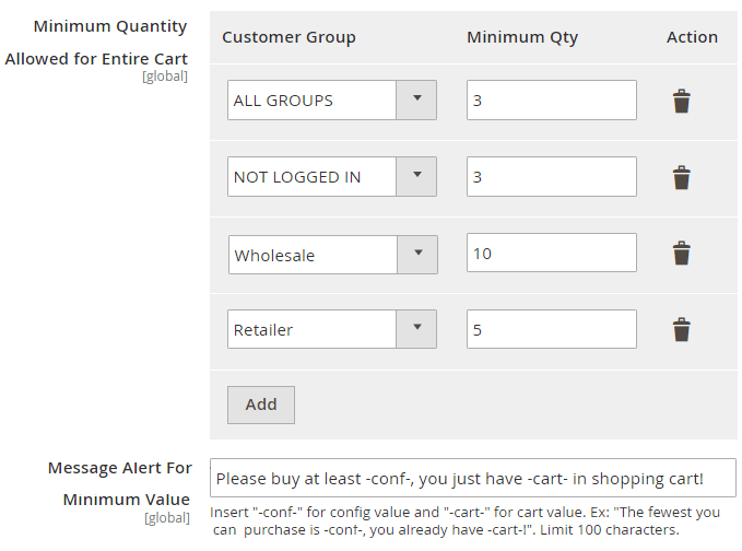 minimum order quantity per customer group