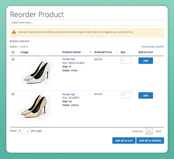 magento 2 one click multiple product reorder