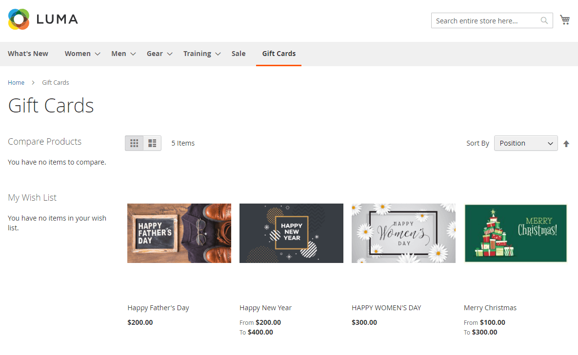 magento gift card on catgory page