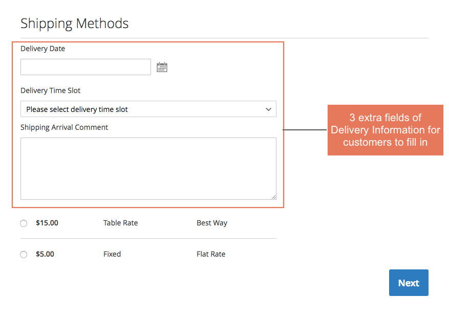 Adds order delivery information for customer to select