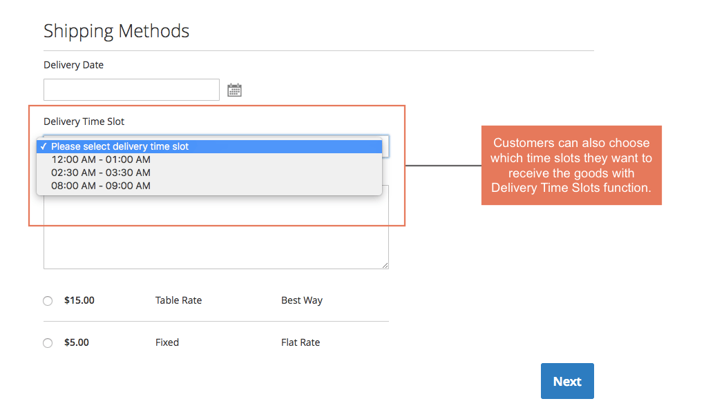 choose which time slots they want to receive the goods with Order Delivery Time Slots function with Magento 2 Order Delivery Date and Time Extension