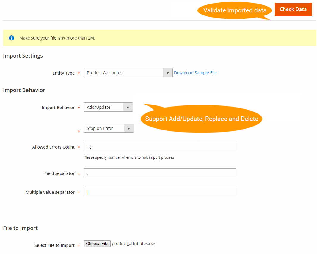 magento 2 import product attributes - settings
