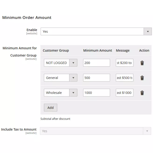 minimum order amount for customer group