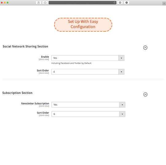 set up email subscription and social sharing with Magento 2 order confirmation page extension