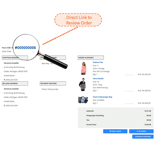 direct link from the checkout success page to review order