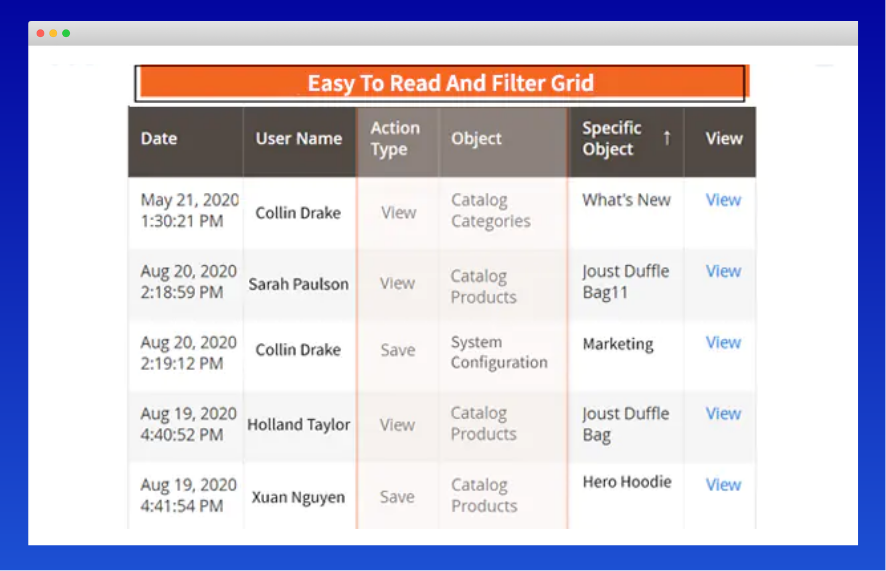 Easy to read & filter action log grid