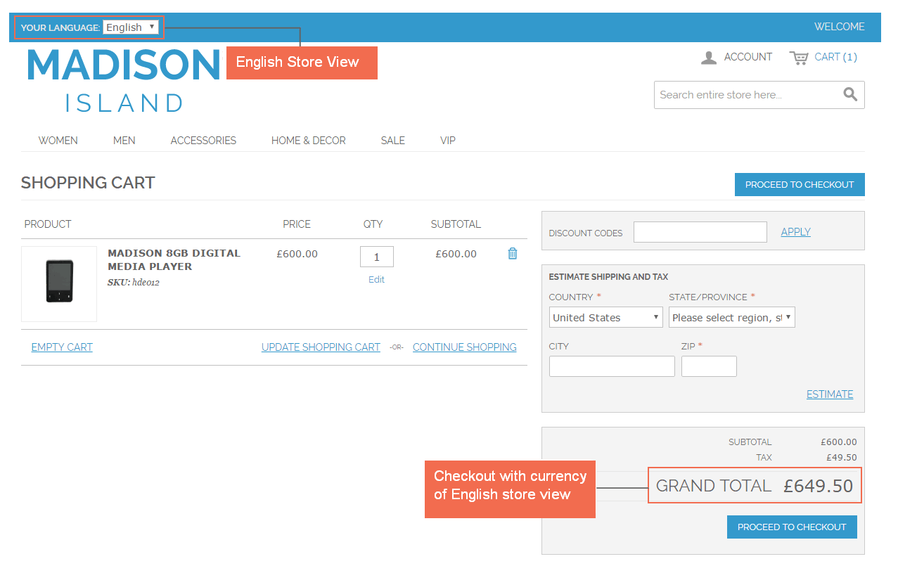 magento multiple store view pricing-checkout with English 