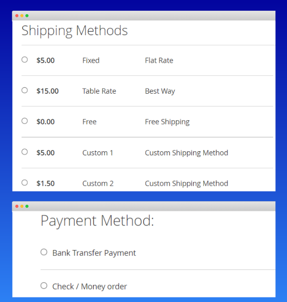 list of all shipping and payment methods on a specific page