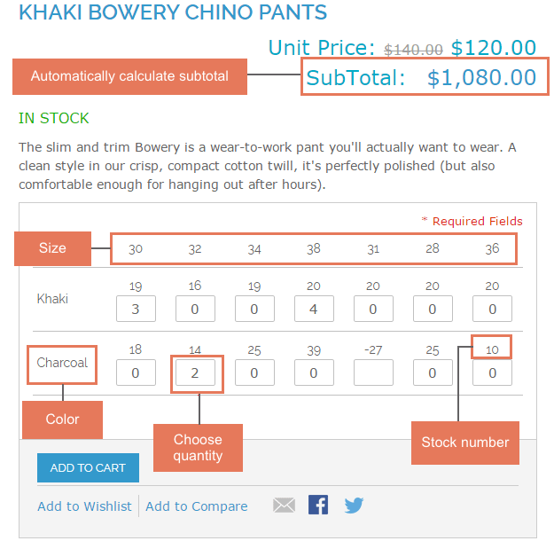a matrix form including children products with stock number and quantity to select in Magento sites