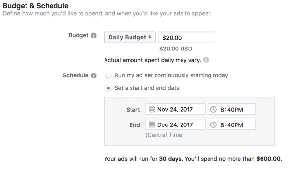 Budget and schedule for Instagram ads