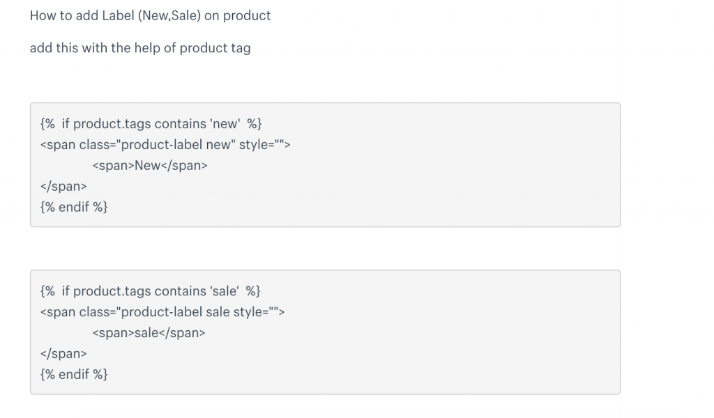 Example of codes to add New and Sale labels
