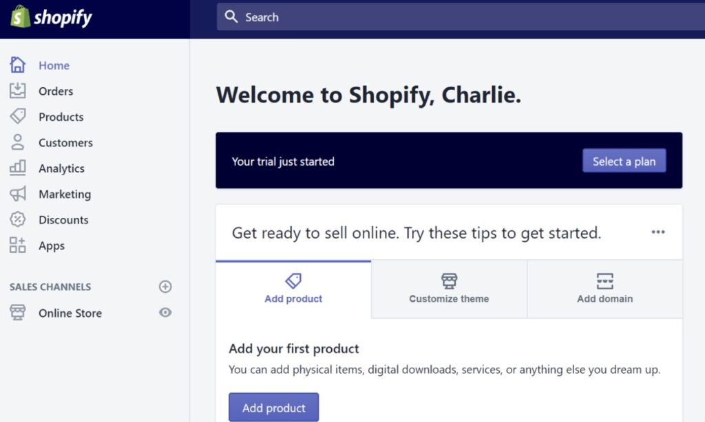 Shopify dashboard when newly registered