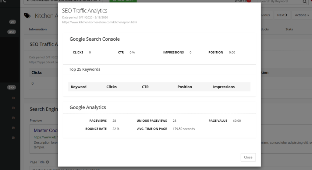 3dcart's SEO analytics tool shows that the website's traffics and trending keywords