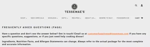 Tessemae’s FAQ page